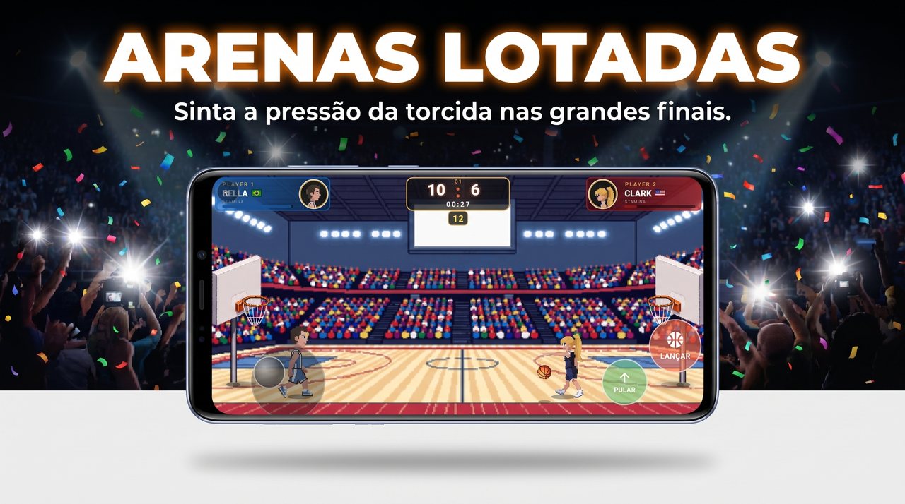 Partida 1v1 de basquete em arena lotada no jogo Slam Stars