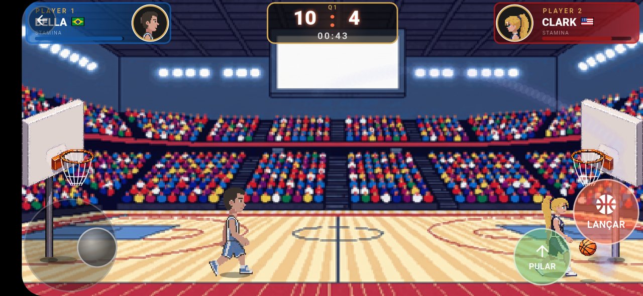 Gameplay real do Slam Stars: duelo 1v1 de basquete em pixel art numa arena lotada