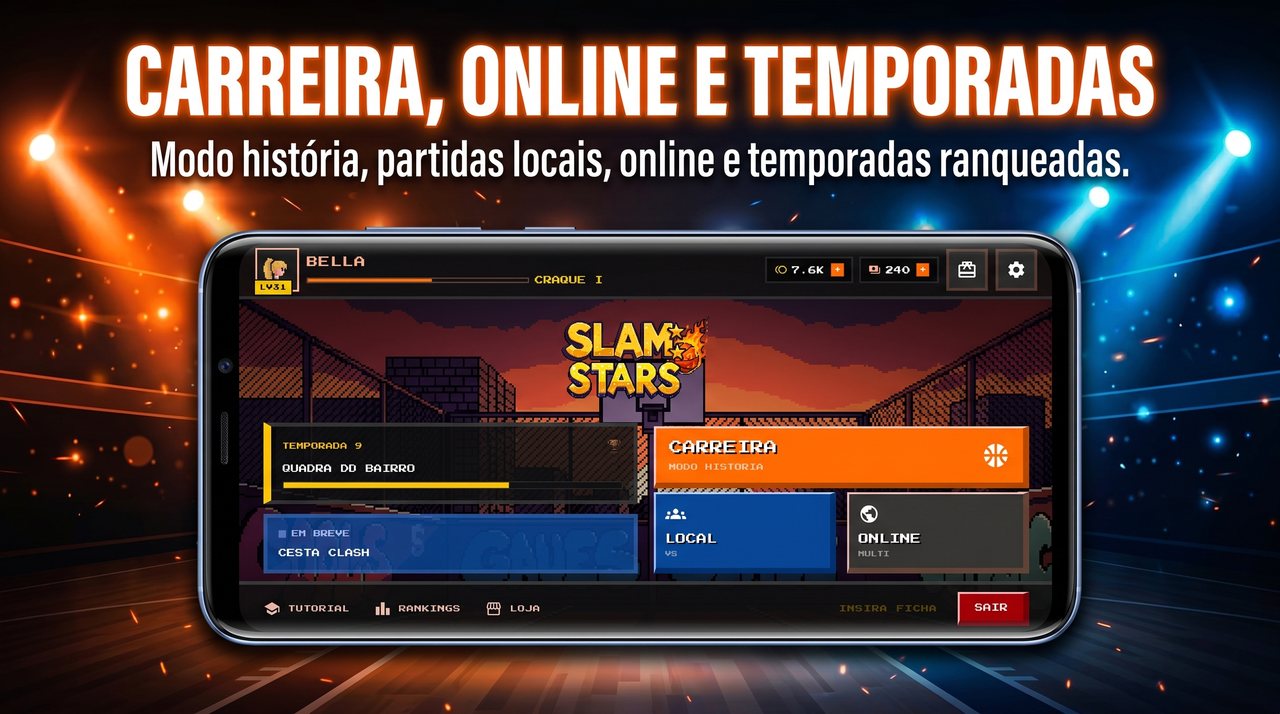 Menu do Slam Stars com modos carreira, local e online